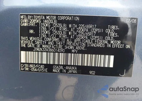 2008 Toyota Rav4 Base V6 z USA, uszkodzony, nr VIN JTMZK33V386014090